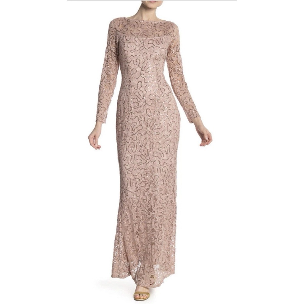 Marina Sequin Lace Rose Pink Dress Formal Evening Long Sleeve Gown Size L Large